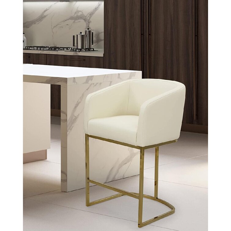 Tess Counter Stool Chair PU Leather Upholstered Shelter Arm Design  Half-Moon Goldtone Solid Metal U-Shaped Base Modern Contemporary